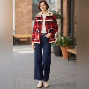 No. 21 Checked and Leopard  Red Plaid Faux Fur Jacket Size M